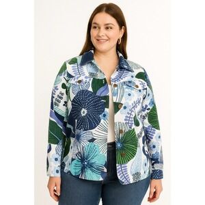 Vintage BFA Classics Womens L Blue White Floral Jacket Button‎ Front Lightweight